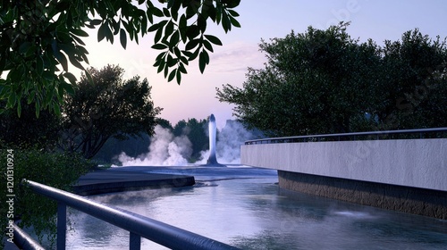 Serene City Park Fountain at Sunset