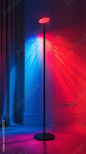 Colorful floor lamp illuminating a cozy living room corner at night
