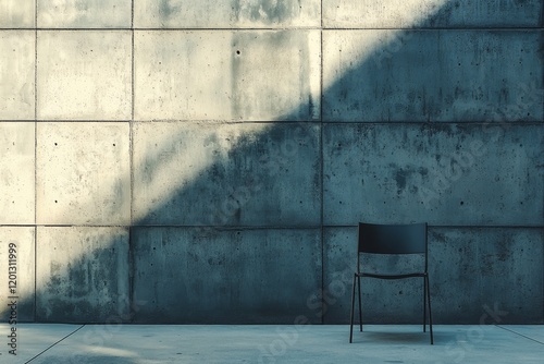 Black chair positioned against a rough concrete wall in an urban setting at noon