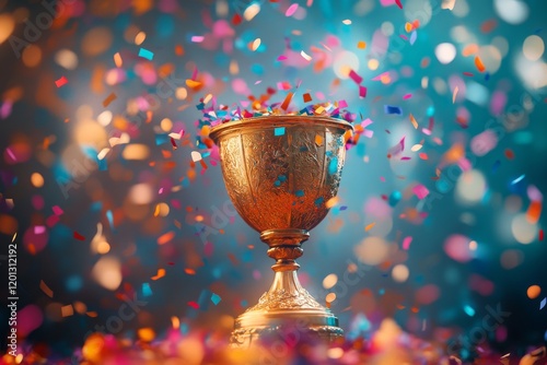 Celebratory trophy surrounded by colorful confetti during an award ceremony a...