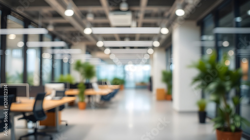 Blurred empty open space office. Abstract light bokeh at office interior background. Generative AI