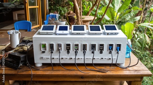 Outdoor solar panel charging station with multiple USB ports and power outlets on a wooden table.