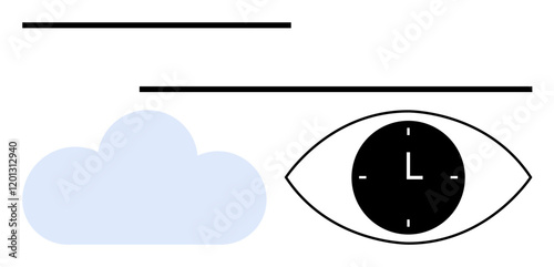 Surreal eye with clock face, light blue cloud below, and bold horizontal lines. Ideal for time, perception, dreams, creativity, mindfulness, abstract thinking conceptual art abstract line flat
