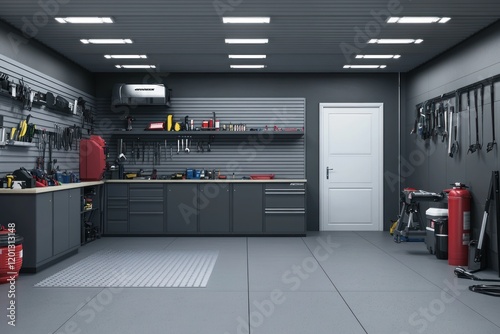 Organized home garage workshop interior, tools, storage
