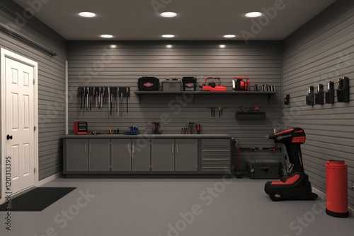 Organized basement workshop, tools, storage, grey walls, lighting, home improvement