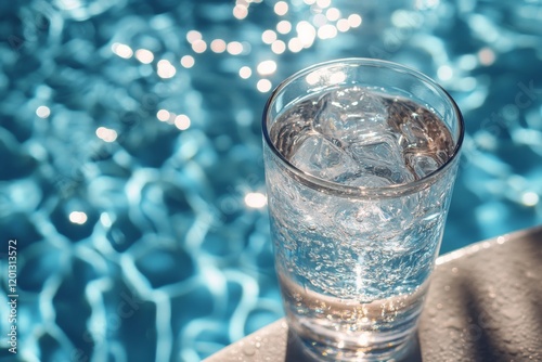 Refreshing glass of water with ice beside a shimmering pool on a sunny day