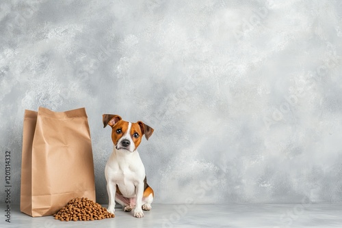 Brown animal food bag next to a dog on a gray background with copy-space creating a mockup for pet product branding photo