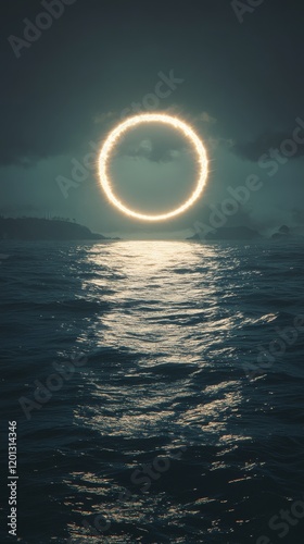 Mysterious illuminated ring over calm ocean waters at twilight
