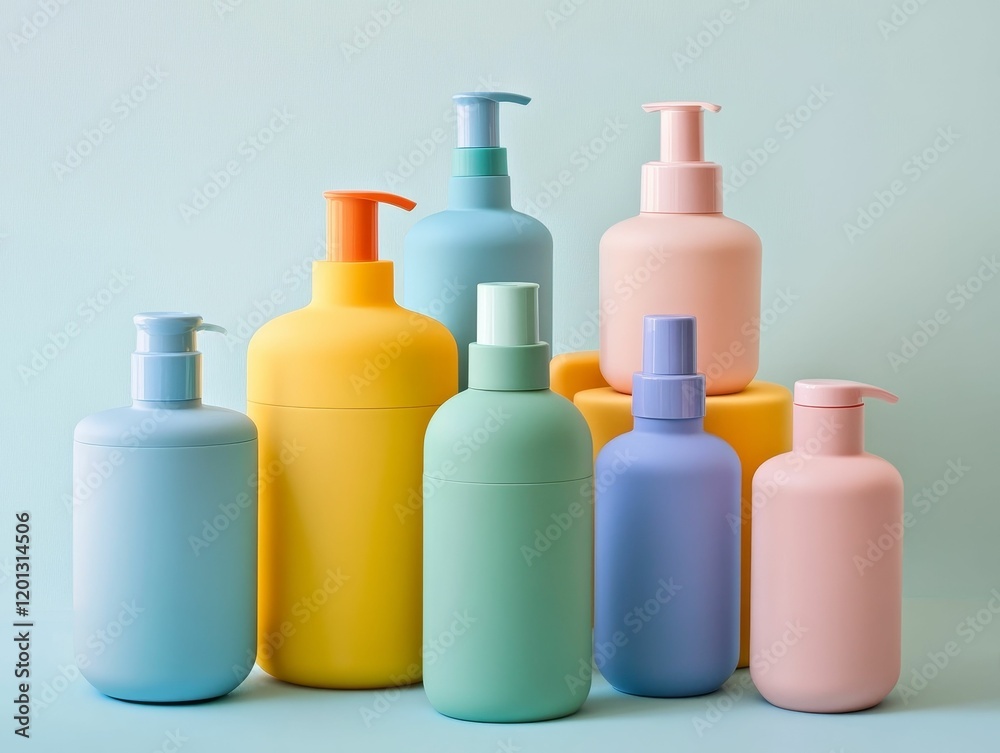 Pastel bottles with pumps arranged on platforms. Pastel bottles with pumps arranged on platforms.
