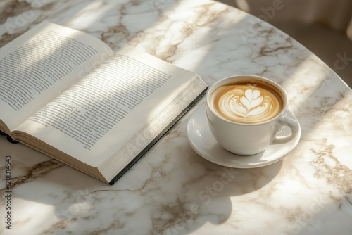 Warm cup of coffee beside an open book on a marble table in bright sunlight