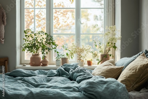 Cozy bedroom with plants and warm blankets in a sunlit window nook