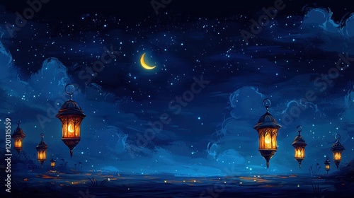 Night scene with illuminated lanterns under a crescent moon and stars photo