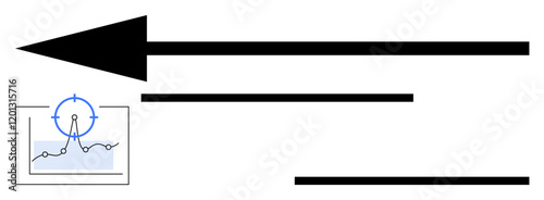 Large black arrow pointing left, thin lines, and a magnified graph increasing over time. Ideal for business strategy, analytics, data-driven decisions, growth planning, progression, focus abstract