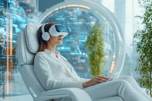 Person using brain-stimulating headset in a modern minimalist study room with bright LED lights and natural decor photo