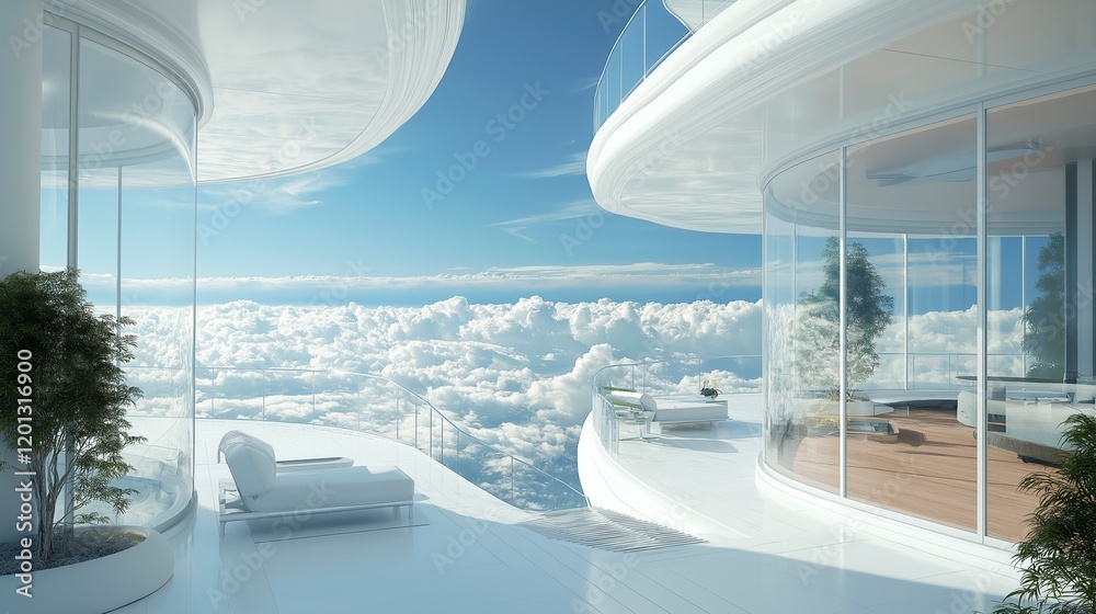 Fototapeta premium Modern architecture meets breathtaking skies in a stunning floating living space. Generative AI