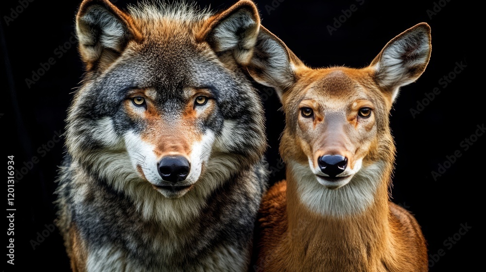 Fototapeta premium Wolf and Deer A Captivating Study in Contrasts, Wildlife Portrait on Black Background