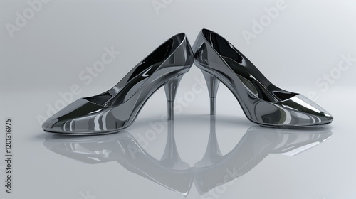 A pair of glossy black high heels, isolated on a smooth white background, captured in high definition with subtle reflections beneath them