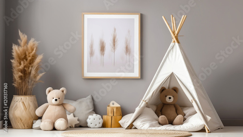 Stylish, cozy children’s room with neutral gray wall, decorative framed picture, and natural materials. Wooden toys and textured cushions add natural aesthetic to Scandinavian-inspired interior design