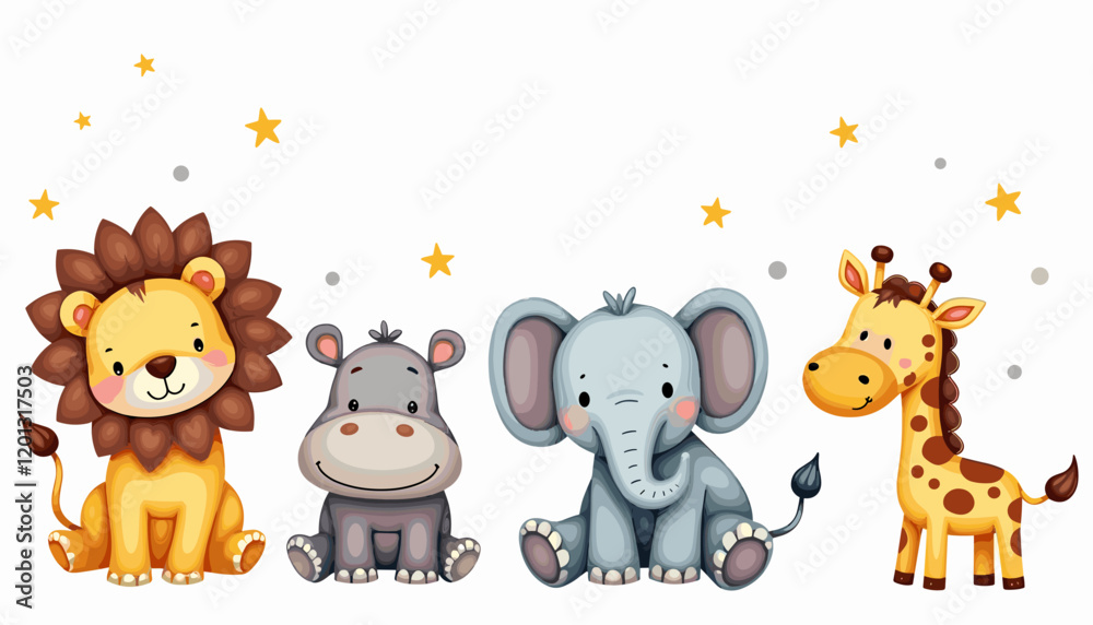 Naklejka premium Watercolor safari animals, Cute animal clipart Bundle, Lion, Elephant, Hippo, Giraffe, Baby Shower, Digital Download, Baby Nursery Art