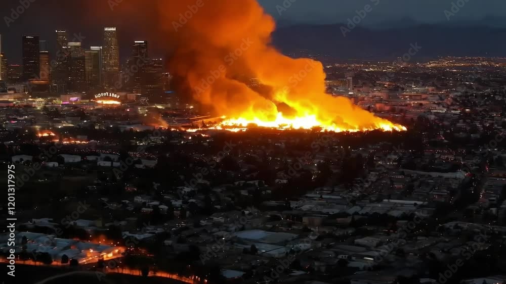 The city of Los Angeles engulfed in fire flames The city of Los Angeles engulfed in fire flames