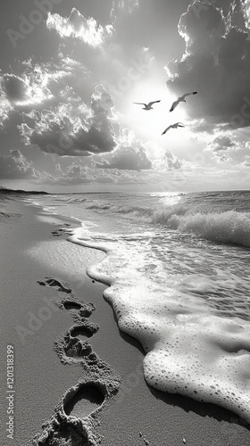 Waves crashing on a sandy beach under a dramatic sky filled with clouds and s...