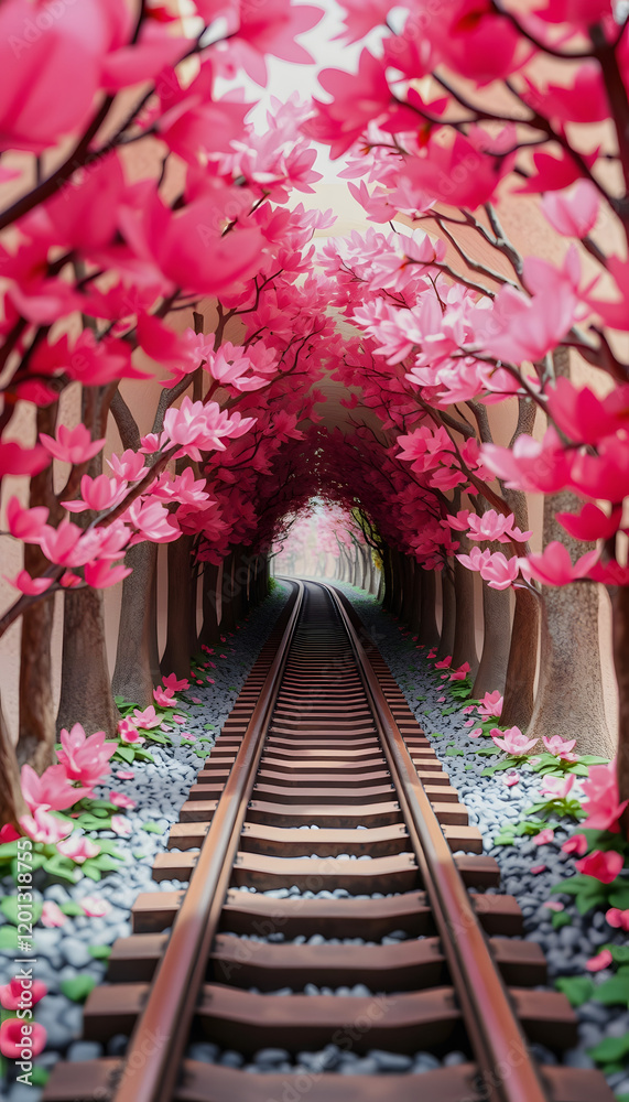a railway in the spring forest tunnel of love, origami, with white tones a railway in the spring forest tunnel of love, origami, with white tones