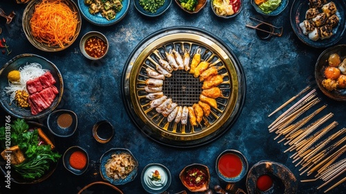 An inviting scene of a mookata grill surrounded by colorful plates of fresh ingredients, with chopsticks and sauces ready for dipping, creating a tempting culinary setup photo