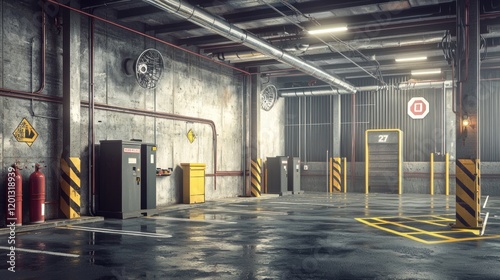 Industrial parking garage with marked spaces and safety equipment.