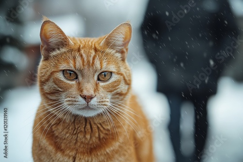 Close-up of a tabby cat with striking eyes in a soft outdoor light with a blu...