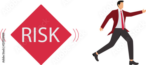 Risk averse, avoid or minimize risk, run away from uncertainty, fear or safety decision for investment, prefer security or stability concept, businessman investor run away from risk collapsing box