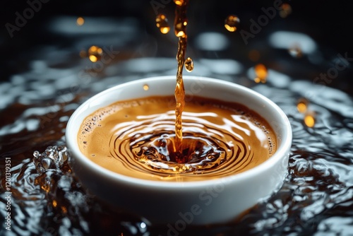 Pouring coffee into a black bowl creates ripples on the surface