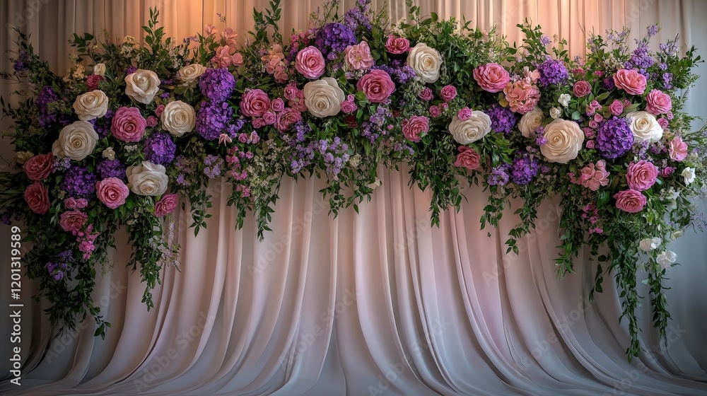Fototapeta premium Beautiful Floral Backdrop with Various Roses and Purple Blooms for Themed Events, Weddings, and Photography Sessions