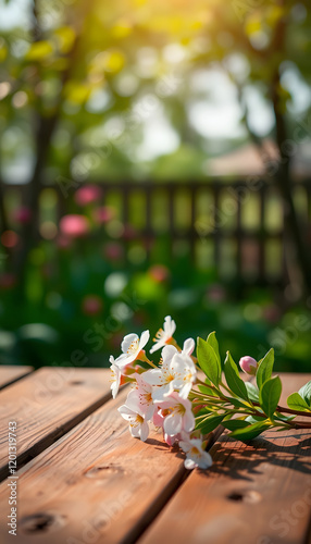 Spring Time - Blossoms On Wooden Table In Green Garden With Defocused Bokeh Lights And Flare Effect, 8k, with white tones