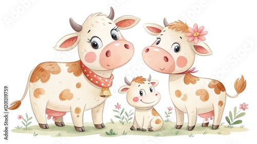 A sweet dairy cow family, radiating warmth and affection, beautifully illustrated on a white background