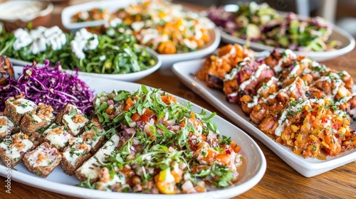 A variety of colorful dishes arranged on platters for sharing.