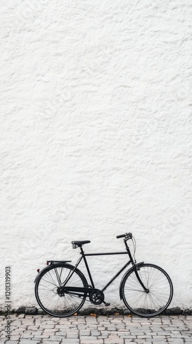 Classic black bicycle parked against a textured white wall on a cobblestone s...