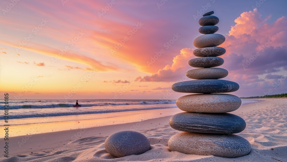 Zen beach harmony a stack of pebbles balances in a calm sea Zen beach harmony a stack of pebbles balances in a calm sea