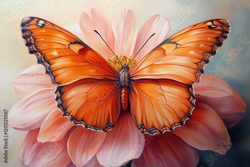Bright orange butterfly resting on a soft pink flower with intricate details ...