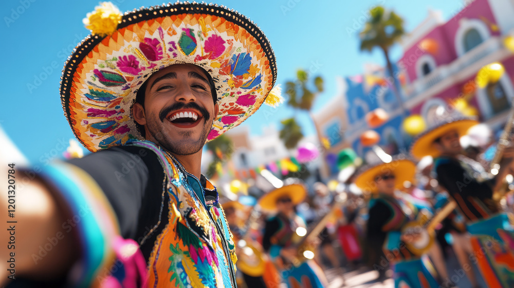 Fototapeta premium A vibrant scene of a mariachi band performing at a festive outdoor event, showcasing traditional attire and lively musical instruments,