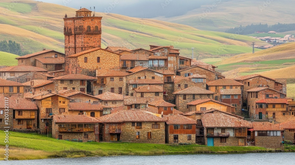 Fototapeta premium Picturesque village nestled in rolling hills beside a lake.