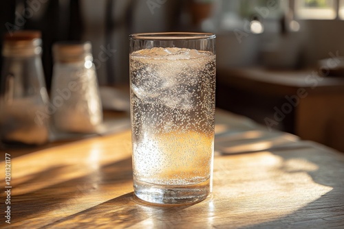 Refreshing cold drink in a glass with bubbles on a wooden table during bright...