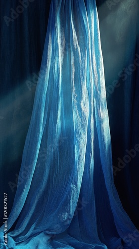 Draped blue fabric creates a striking focal point in an artistic indoor space