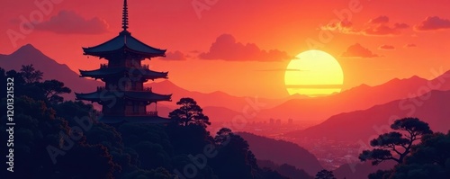 Majestic temple silhouette against vibrant sunset Ancient Japanese design, tranquil scene , zen, sky