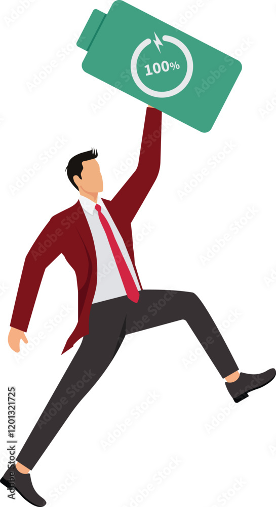 Full battery recharge, full energy to work or refresh from exhaustion, burnout recover, fuel employee or productive and efficient concept, energetic businessman superhero carry full recharge battery Full battery recharge, full energy to work or refresh from exhaustion, burnout recover, fuel employee or productive and efficient concept, energetic businessman superhero carry full recharge battery