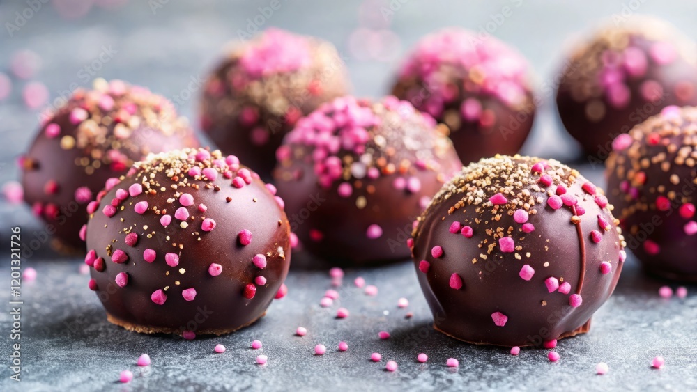 Colorful chocolate truffles with sprinkles on gray background Colorful chocolate truffles with sprinkles on gray background