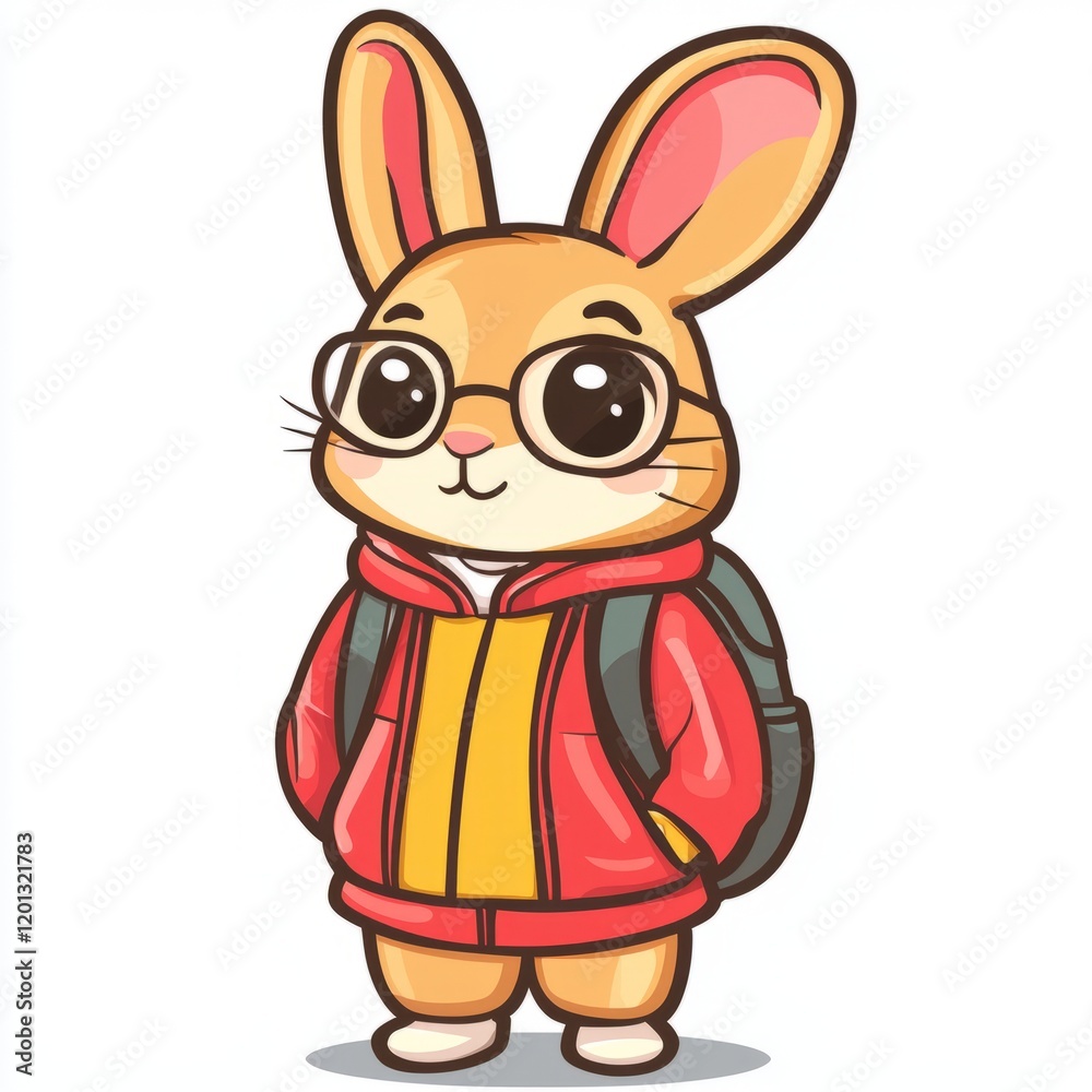 Fototapeta premium Adorable Bunny Wearing Glasses And Backpack