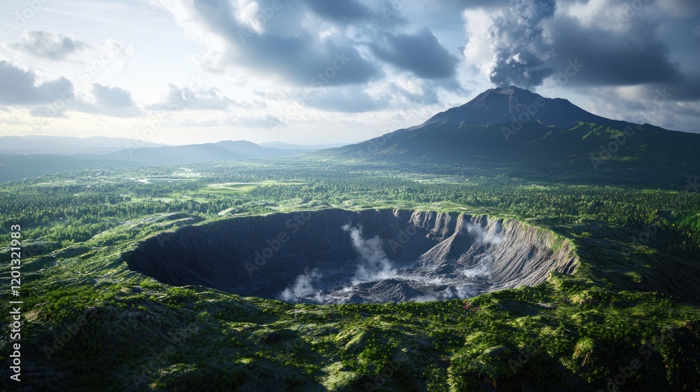 Aerial view of a volcanic crater surrounded by lush landscapes. Aerial view of a volcanic crater surrounded by lush landscapes.