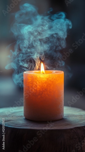 Warm candle flame emits gentle smoke at sunset over a rustic wooden table