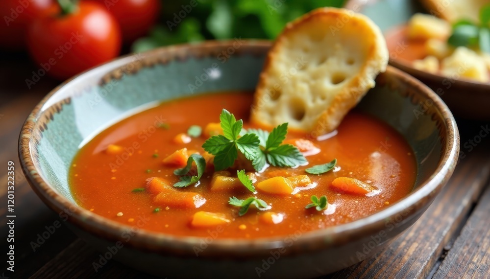 Close-up of Lablabi; bread dipped in soup, oil & harissa visible , simple meal, Tunisian soup Close-up of Lablabi; bread dipped in soup, oil & harissa visible , simple meal, Tunisian soup