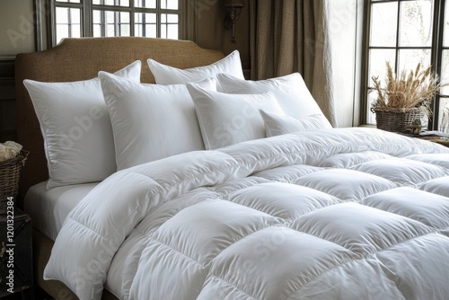 Cozy hotel room featuring a large bed and warm wooden accents at a relaxing g...